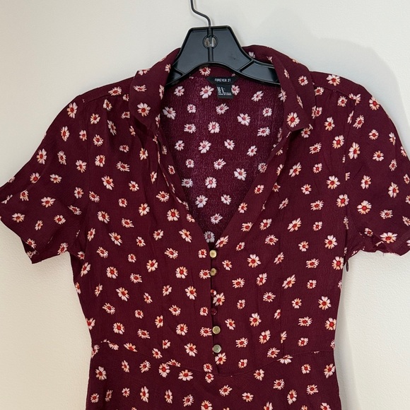 Forever 21 Juniors Burgundy Short Sleeve Button Up Floral Mini Dress Size S - Picture 3 of 13